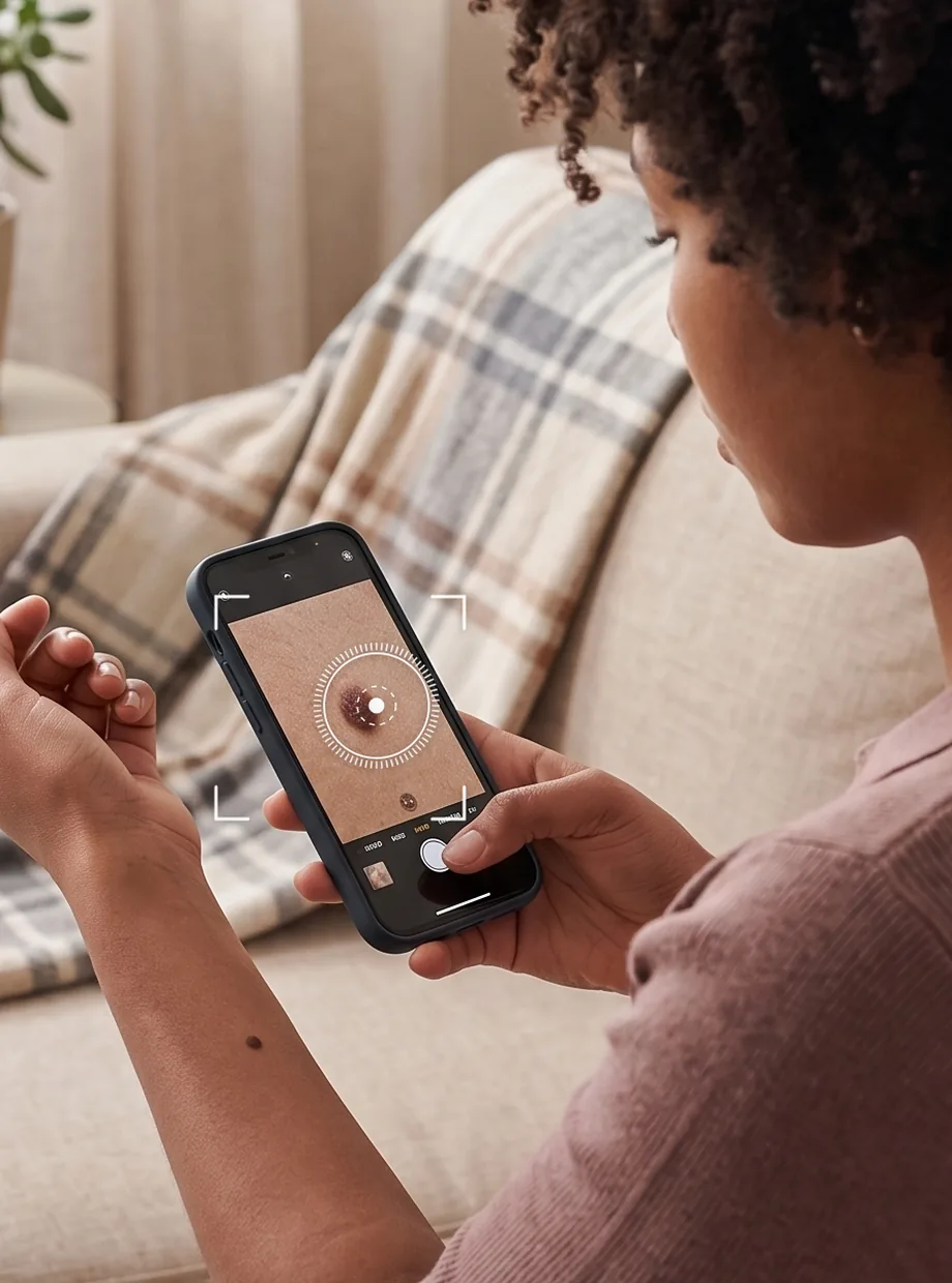 Person photographing a skin spot at home with the 247dermatologist app