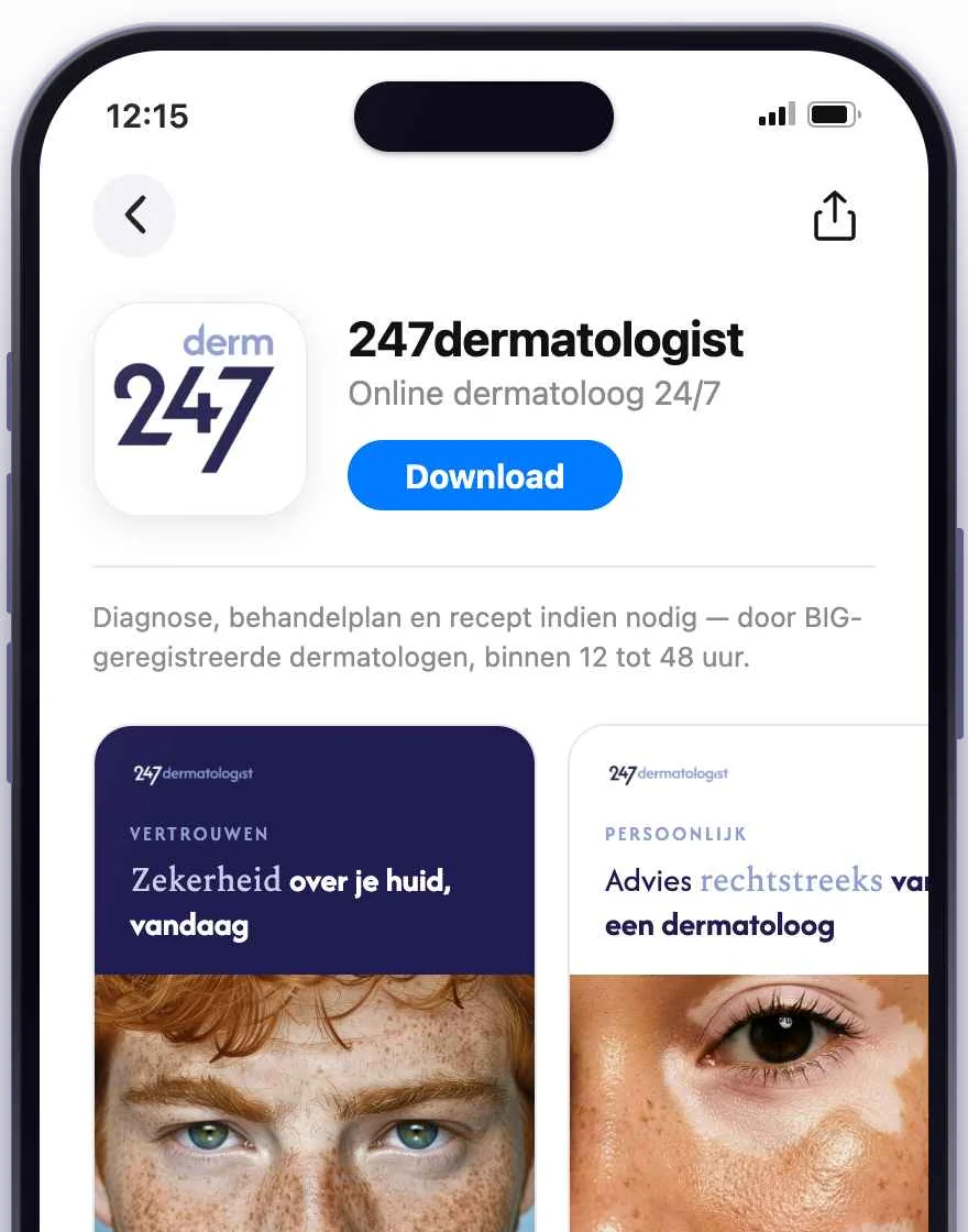 De 247dermatologist app in de App Store, getoond op een iPhone