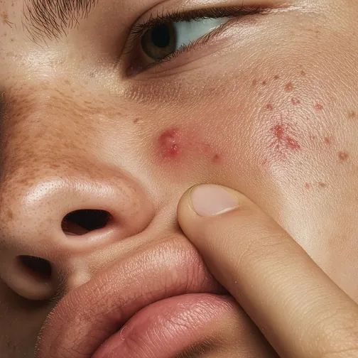 Close-up of a face with acne and breakouts on the cheek