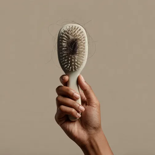 Hand holding a hairbrush with shed hairs